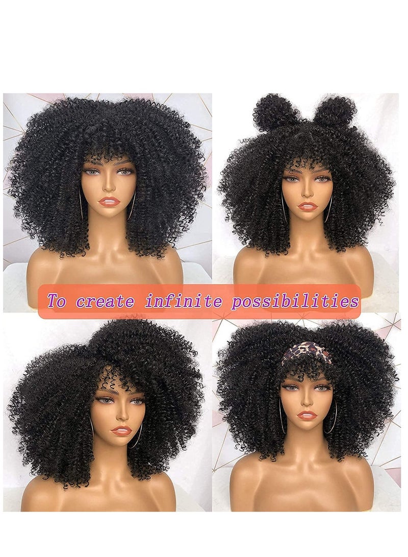 Short Curly Afro Wigs with Bangs for Women 14 Inch, Kinky Curly Synthetic Heat Resistant Full Wig in Black Color - Image 3