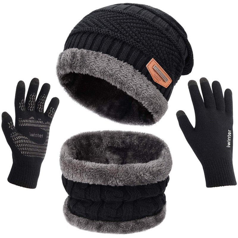 MAYLISACC 3 Pcs Warm Winter Knit Hat Scarf and Glove Set for Men Women Tech Touchscreen Gloves Black - Image 1