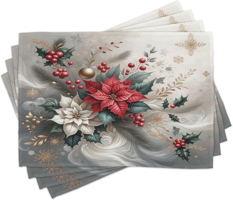Ambesonne Christmas Place Mats Set of 4 Delicate Poinsettia Flowers and Toyon Xmas Berries with Feathers Washable Fabric Placemats for Dining Table Standard Size Slate Blue and Dark Coral - Image 1