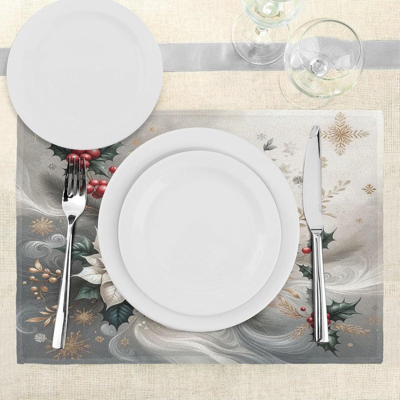 Ambesonne Christmas Place Mats Set of 4 Delicate Poinsettia Flowers and Toyon Xmas Berries with Feathers Washable Fabric Placemats for Dining Table Standard Size Slate Blue and Dark Coral - Image 3