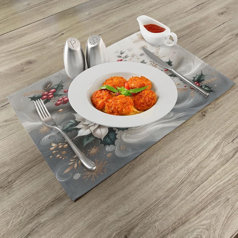 Ambesonne Christmas Place Mats Set of 4 Delicate Poinsettia Flowers and Toyon Xmas Berries with Feathers Washable Fabric Placemats for Dining Table Standard Size Slate Blue and Dark Coral - Image 2