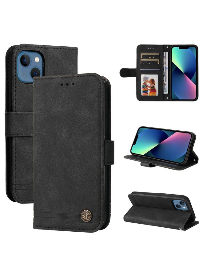 زبون جراب لهاتف iPhone 13 mini Skin Feel Life Tree Metal Button أفقي من الجلد مع حامل وفتحة بطاقة ومحفظة وإطار صورة وحزام - Image 1