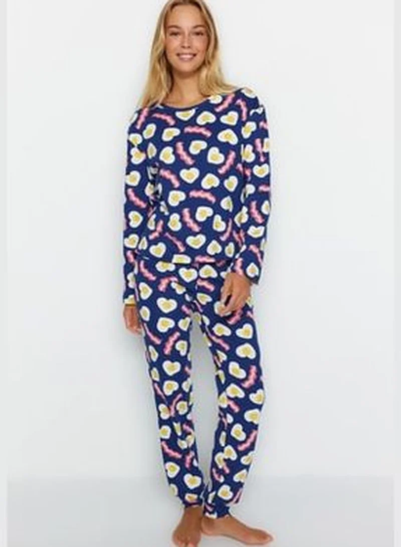trendyol Navy Blue 100% Cotton Breakfast Printed T-shirt-Pants and Knitted Pajamas Set THMAW24PT00102.