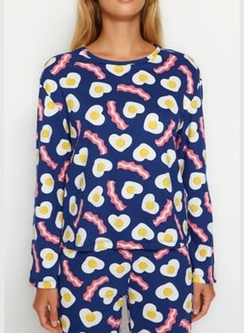 trendyol Navy Blue 100% Cotton Breakfast Printed T-shirt-Pants and Knitted Pajamas Set THMAW24PT00102.