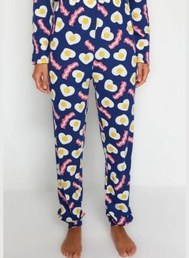 trendyol Navy Blue 100% Cotton Breakfast Printed T-shirt-Pants and Knitted Pajamas Set THMAW24PT00102.