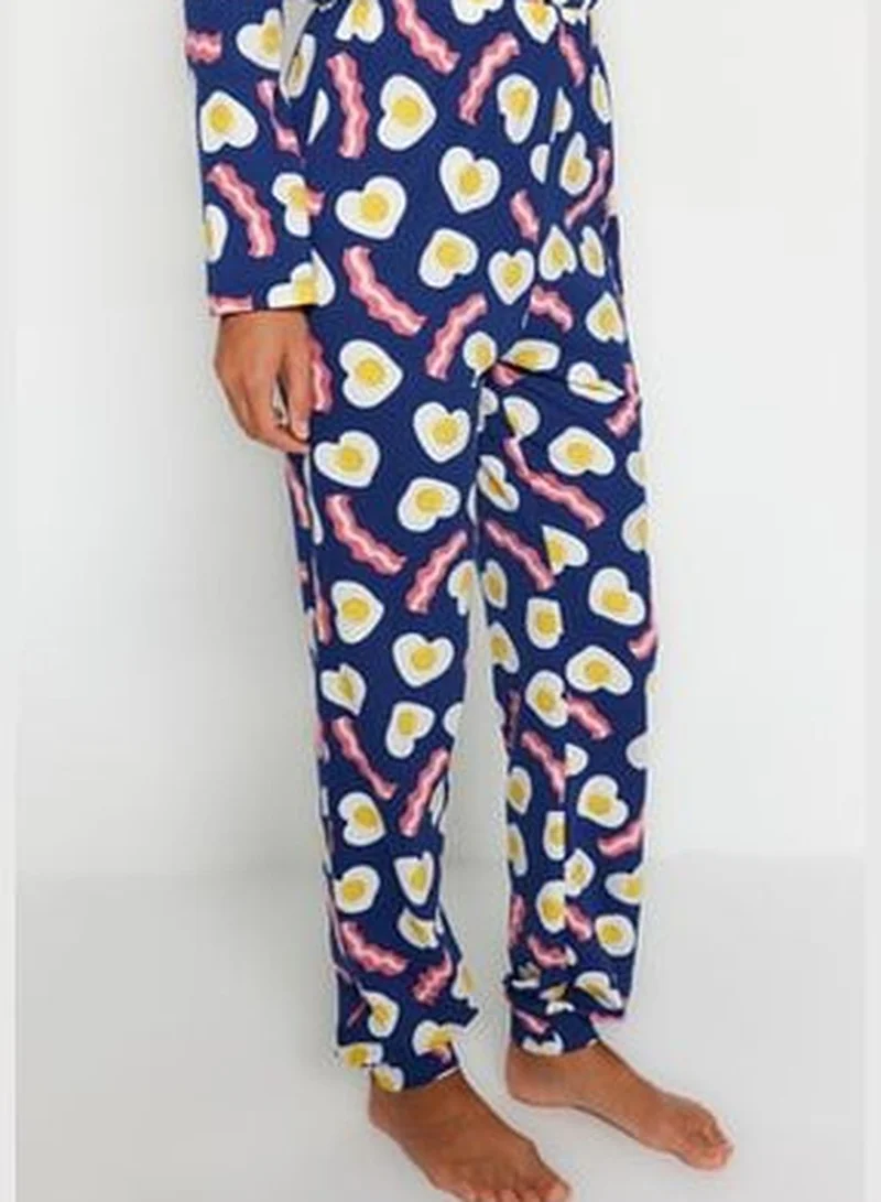 trendyol Navy Blue 100% Cotton Breakfast Printed T-shirt-Pants and Knitted Pajamas Set THMAW24PT00102.