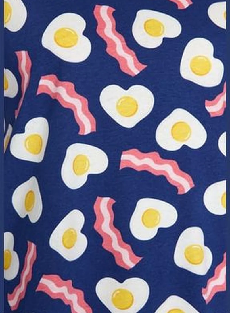 trendyol Navy Blue 100% Cotton Breakfast Printed T-shirt-Pants and Knitted Pajamas Set THMAW24PT00102.