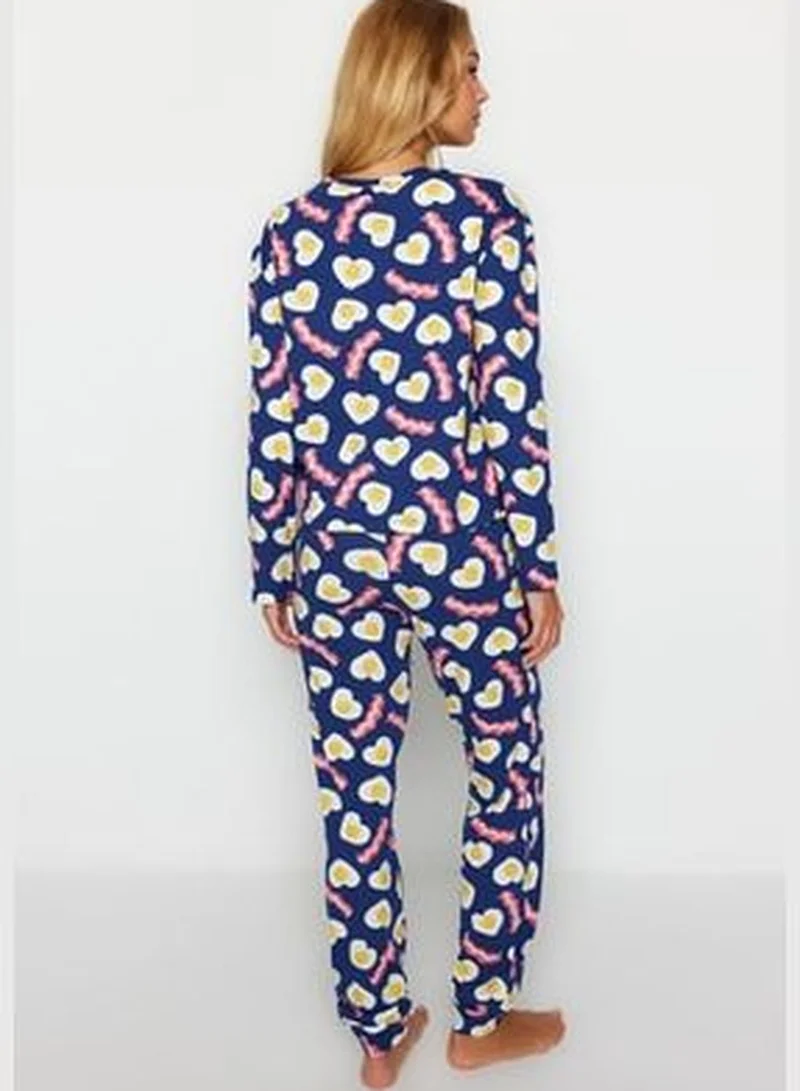 trendyol Navy Blue 100% Cotton Breakfast Printed T-shirt-Pants and Knitted Pajamas Set THMAW24PT00102.
