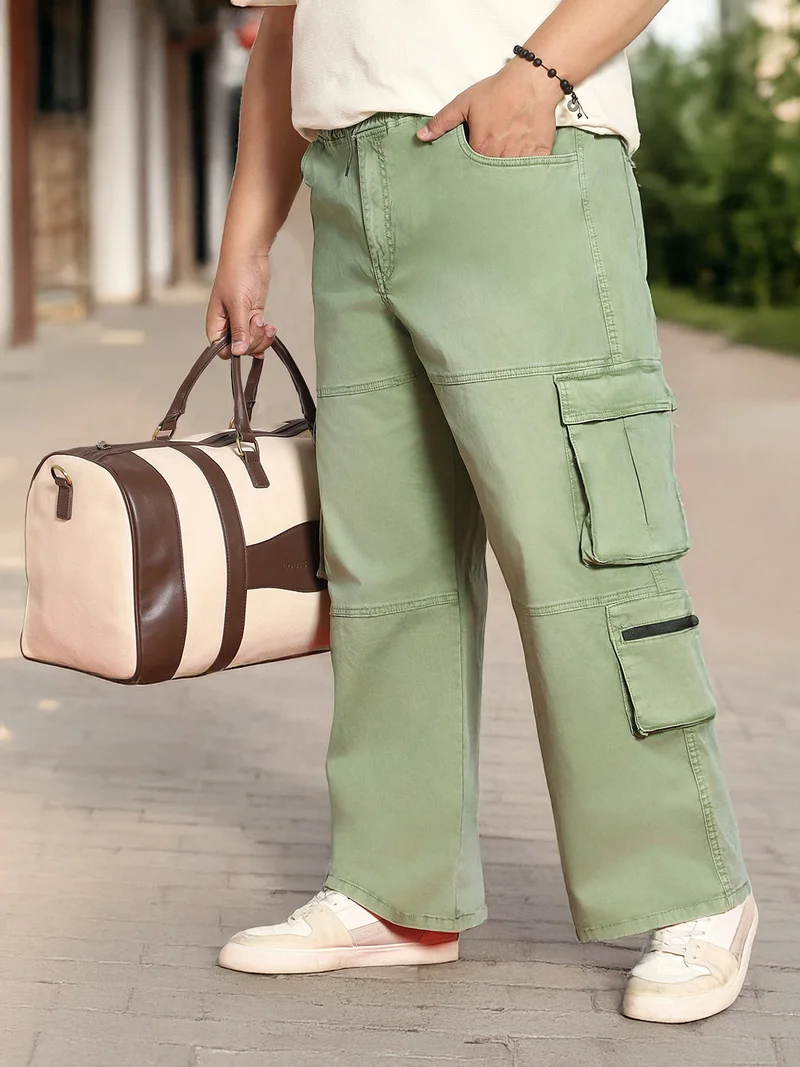Urbano Plus Men's Olive Loose Baggy Fit Travel Cargo Jeans with 8 Pockets Stretchable