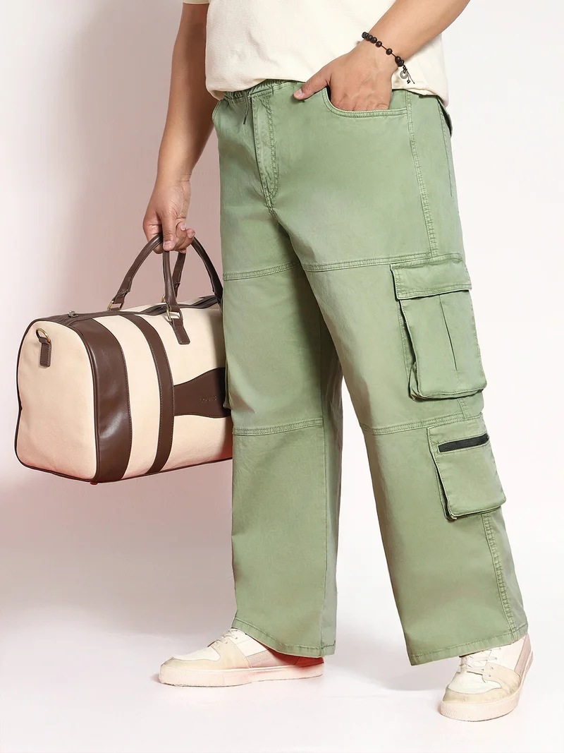 Urbano Fashion  Urbano Plus Men's Olive Loose Baggy Fit Travel Cargo Jeans with 8 Pockets Stretchable  | Best Price UAE