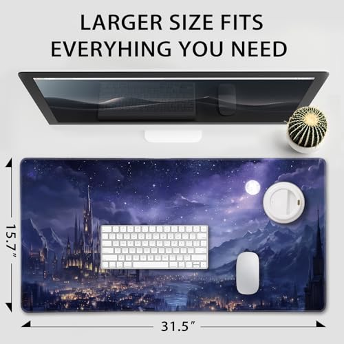 Mcapirivo Fantasy Castle Night Scene Large Gaming Mouse Pad 31.5"x15.7"｜XXL Desk Mat, Non-Slip Rubber Base & Stitched Edges - Extended Waterproof Mousepad for PC/Laptop/Office/Home Decor - Image 4