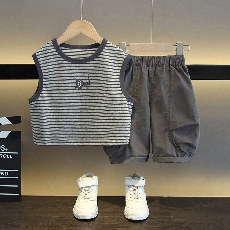 Boy'S Striped Vest Two-Piece Summer Boys And Baby'S Pure Cotton Suit Casual Summer Wear Children'S Thin Bloomers Thin - Image 1