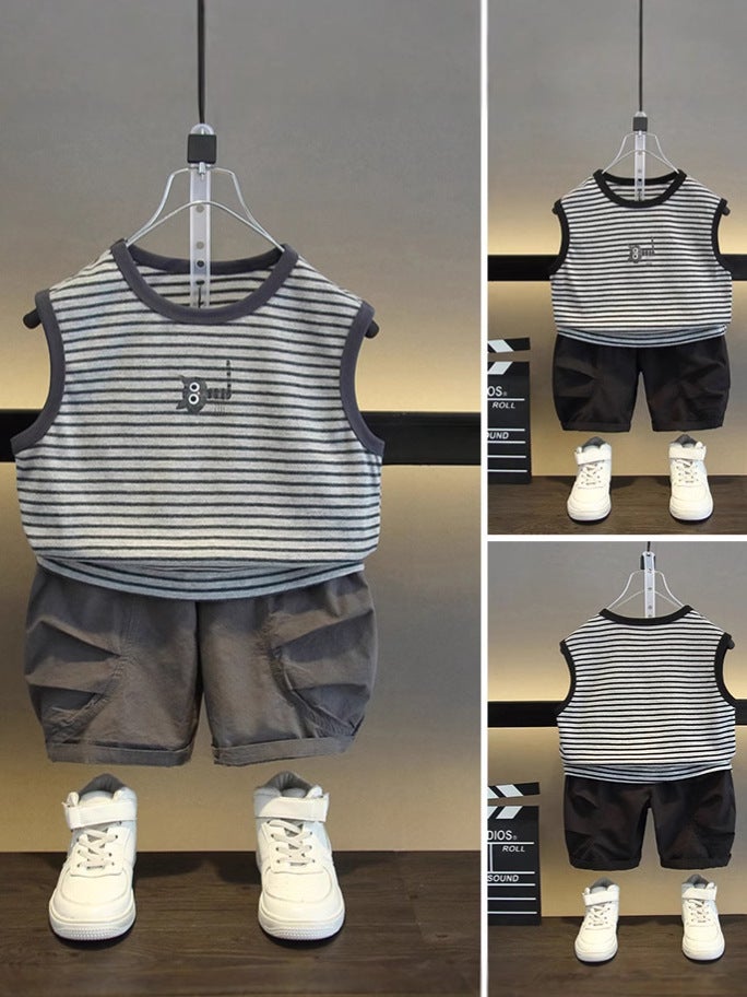 Boy'S Striped Vest Two-Piece Summer Boys And Baby'S Pure Cotton Suit Casual Summer Wear Children'S Thin Bloomers Thin - Image 2