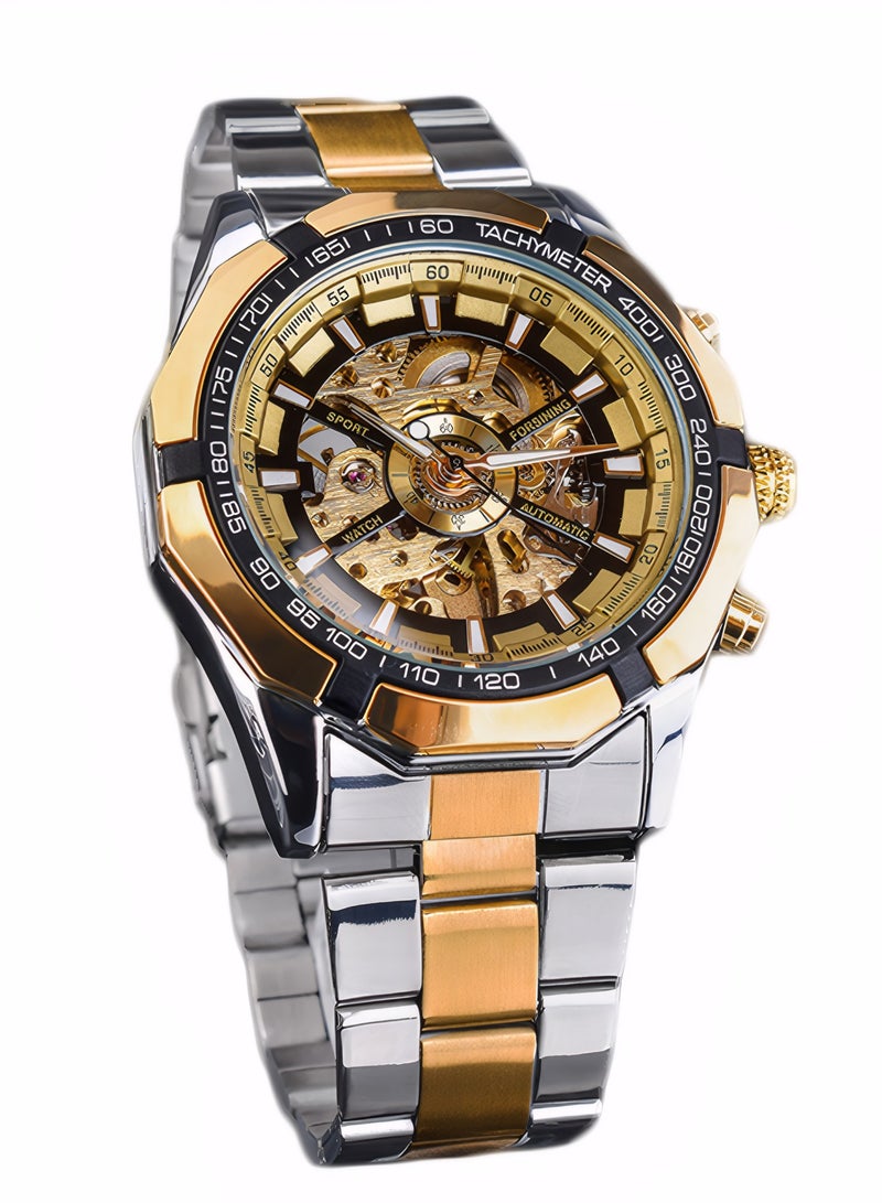 FORSINING ​​Forsining Men's Fashion Mechanical Watch - Two-Tone Bracelet with Gold Bezel & Gold Skeleton Dial, Luminous Hands, Semi-Automatic Hand-Winding Movement, Business Casual Style for Daily Wear & Formal Occasions​​  - Image 1