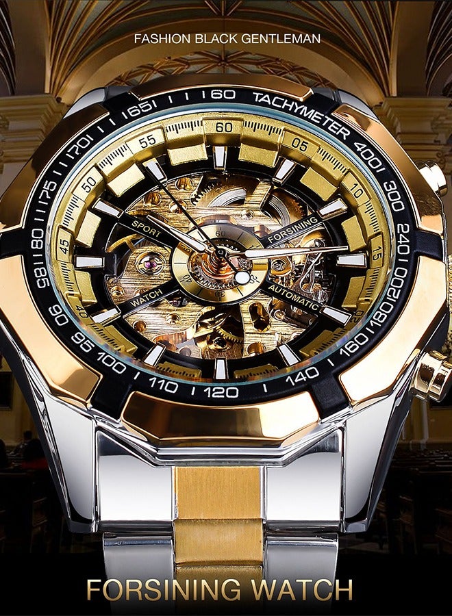 FORSINING ​​Forsining Men's Fashion Mechanical Watch - Two-Tone Bracelet with Gold Bezel & Gold Skeleton Dial, Luminous Hands, Semi-Automatic Hand-Winding Movement, Business Casual Style for Daily Wear & Formal Occasions​​  - Image 2