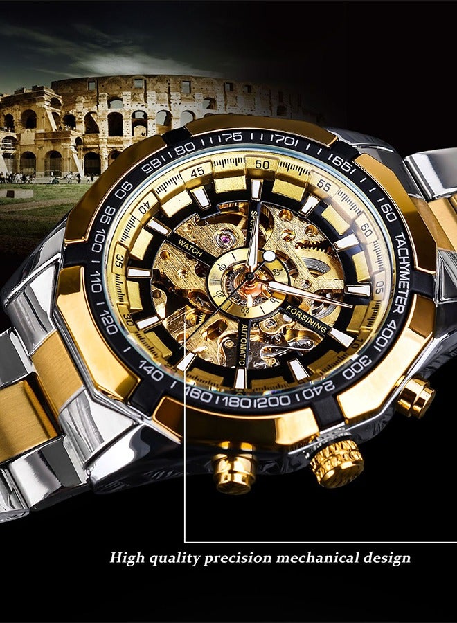FORSINING ​​Forsining Men's Fashion Mechanical Watch - Two-Tone Bracelet with Gold Bezel & Gold Skeleton Dial, Luminous Hands, Semi-Automatic Hand-Winding Movement, Business Casual Style for Daily Wear & Formal Occasions​​  - Image 3