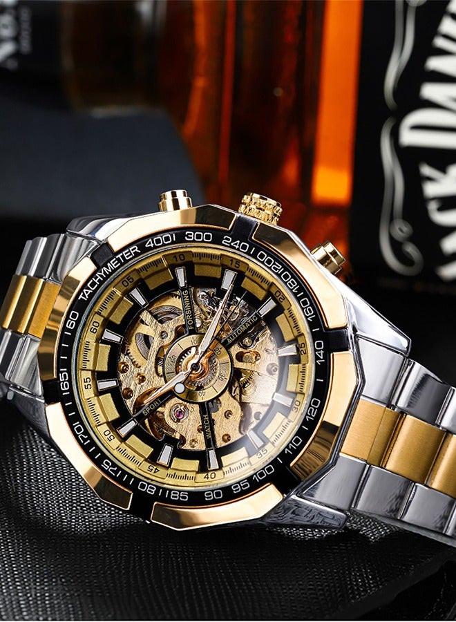 FORSINING ​​Forsining Men's Fashion Mechanical Watch - Two-Tone Bracelet with Gold Bezel & Gold Skeleton Dial, Luminous Hands, Semi-Automatic Hand-Winding Movement, Business Casual Style for Daily Wear & Formal Occasions​​  - Image 4