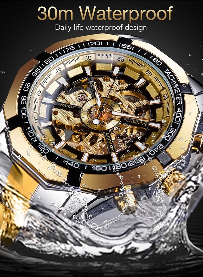 FORSINING ​​Forsining Men's Fashion Mechanical Watch - Two-Tone Bracelet with Gold Bezel & Gold Skeleton Dial, Luminous Hands, Semi-Automatic Hand-Winding Movement, Business Casual Style for Daily Wear & Formal Occasions​​  - Image 5
