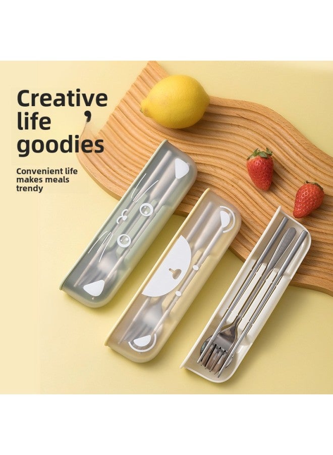 Stainless Steel Chopsticks Spoon Suit Portable Box Tableware Children Primary School School Special Storage Box Three-piece Set-Specifications:304 Portable Cutlery Box Set Of Two-Color:White - Image 2