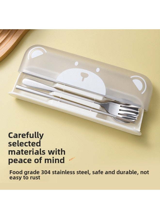 Stainless Steel Chopsticks Spoon Suit Portable Box Tableware Children Primary School School Special Storage Box Three-piece Set-Specifications:304 Portable Cutlery Box Set Of Two-Color:White - Image 4