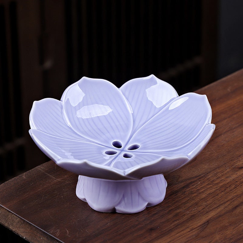Drainable Ceramic High-foot Lotus Fruit Plate Creative Dried Fruit Plate Fruit Plate Chinese Tray Refreshment Tray Household Living RoomLotus Drain Fruit Plate-Violet Lotus Drain Fruit Plate-Violet 