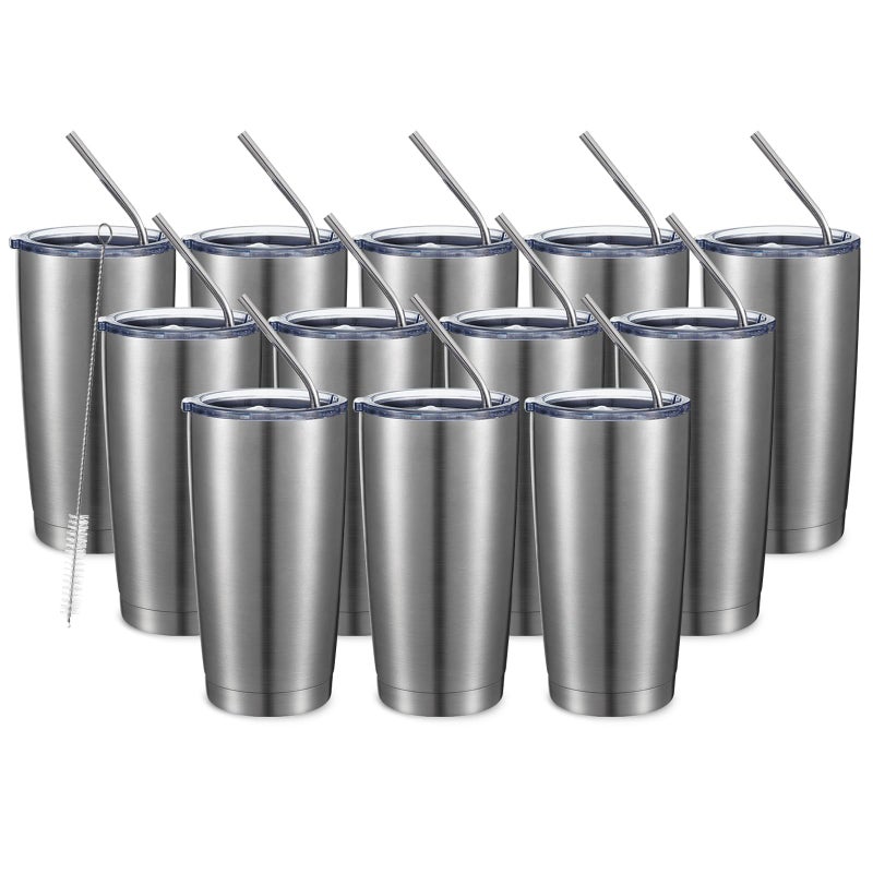 COMOOO 20oz Stainless Steel Tumbler Double Wall Vacuum Coffee Cup Insulated Travel Mug with Lid and Straw Durable Powder Coated Insulated Coffee Cup for Cold  Hot Drinks Silver 12 pack