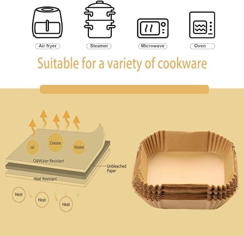 TOGOO Air Fryer Paper Liners, 125PCS Non-stick Disposable Liners, Baking Paper for Air Fryer Oil-proof, Water-proof, Food Grade Parchment for Baking Roasting Microwave (8inch-Square) - Image 5