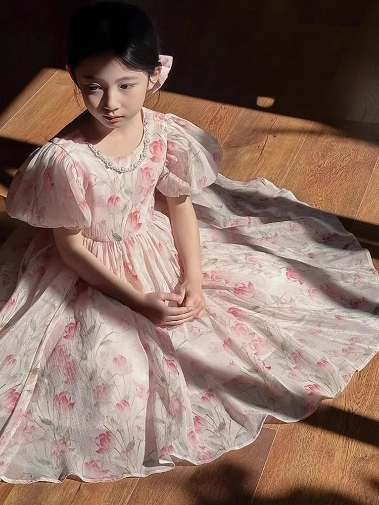 Girls Dress Summer Children Floral Dress Cute Princess Dress Puff Sleeve Beach Dress Birthday Dress - Image 2
