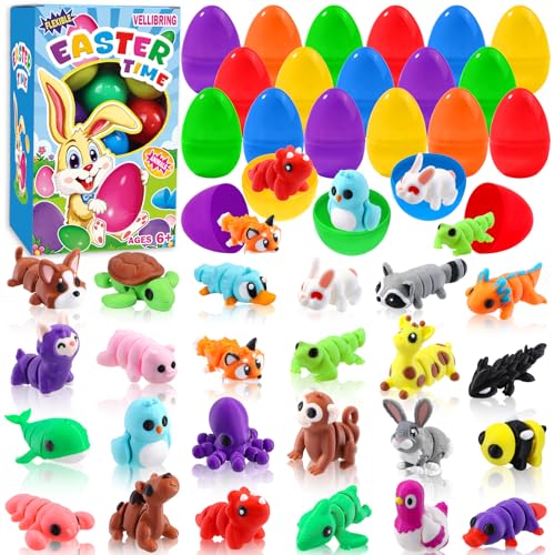 Vellibring 24pcs Prefilled Easter Eggs 3D Printed Animals for Kids Easter Plastic Egg Basket Stuffers Hunt Gifts for Boys Girls Easter Prizes Goodie Bag Classroom Birthday Party Favor - Image 1