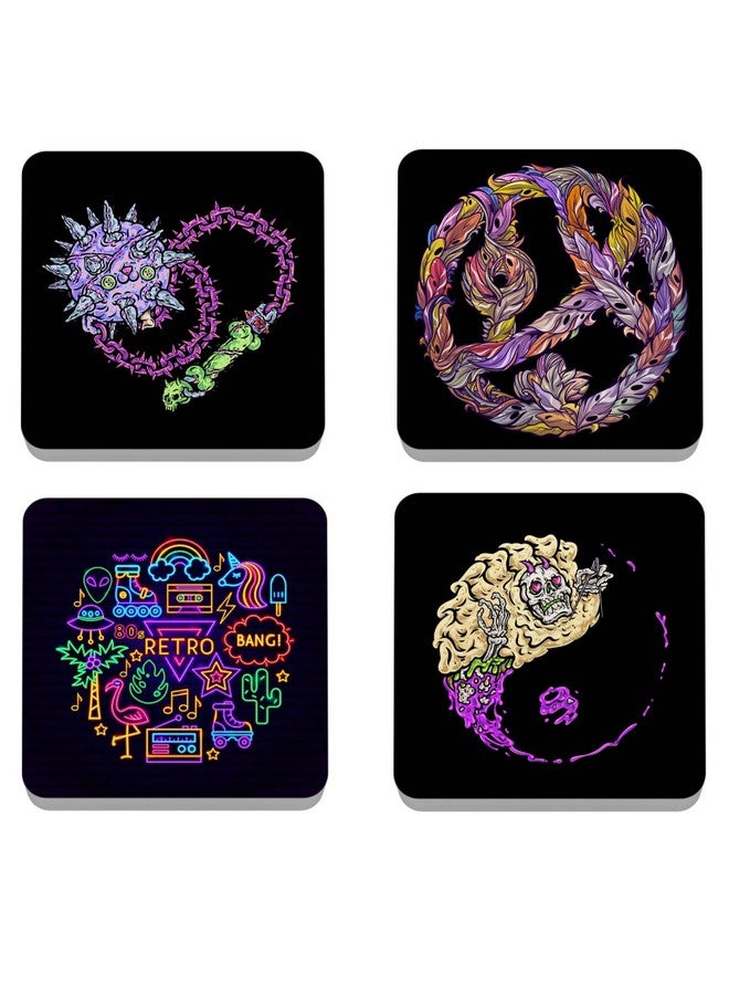OUTFITQUE-035 Set of Mix Funny Designs, MDF Wood Material Coasters for Home and Kitchen, Office Table, Dining Table, Home Decor (3.5x3.5 inches, Set of 4) - Image 1