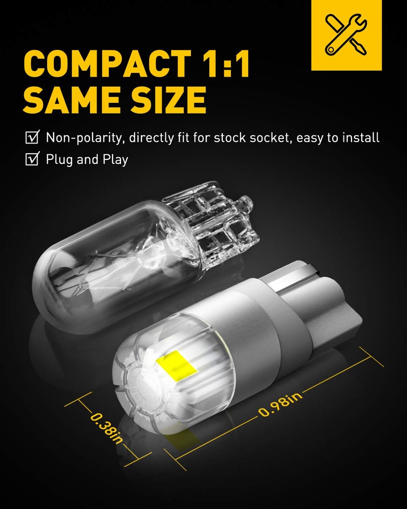 AUXITO 194 LED Bulbs White, Super Bright 1:1 Size, License Plate Light 168 2825 W5W T10 Error Free Car Bulbs for Dome Map Door Courtesy Side Marker Cornering Trunk Light (Pack of 2) - Image 2