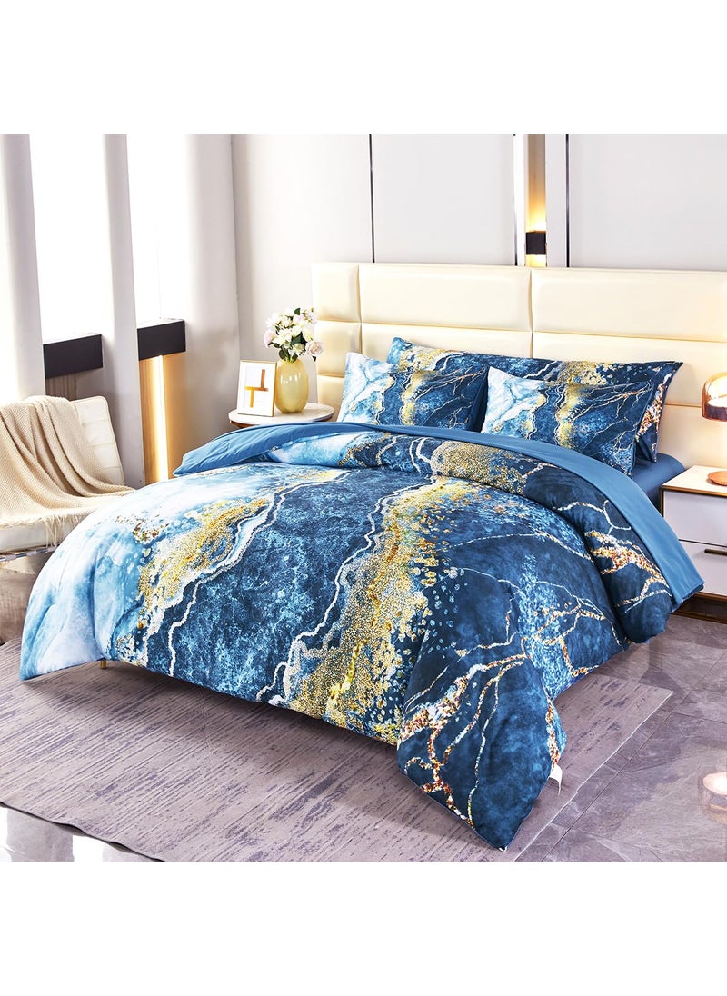 PERFEMET PERFEMET 6 Piece Blue Comforter Set Full Bed in A Bag Set Aesthetic Capri Blue and Gold Marble Bedding Set with Sheets Soft Luxury Watercolor Burning Mountain Printed Bedroom Sets(Capri Blue  Full)  - Image 1