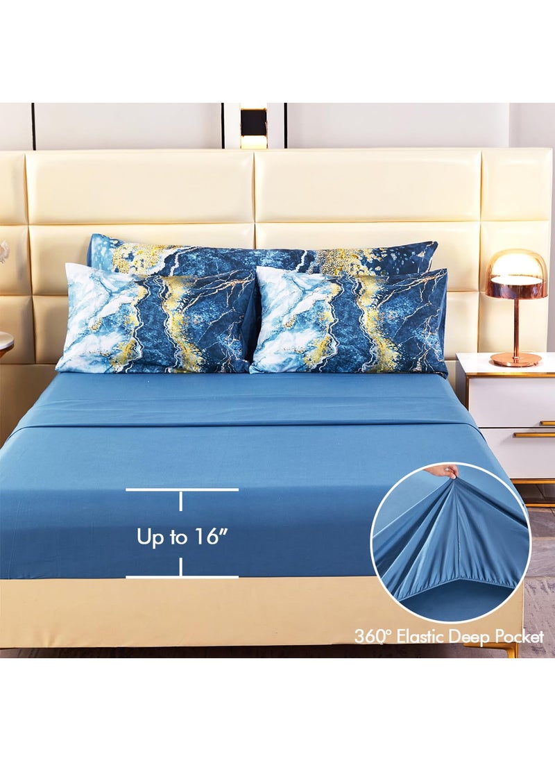 PERFEMET PERFEMET 6 Piece Blue Comforter Set Full Bed in A Bag Set Aesthetic Capri Blue and Gold Marble Bedding Set with Sheets Soft Luxury Watercolor Burning Mountain Printed Bedroom Sets(Capri Blue  Full)  - Image 5