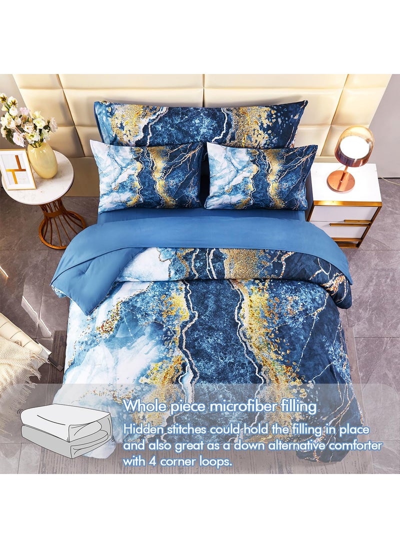 PERFEMET PERFEMET 6 Piece Blue Comforter Set Full Bed in A Bag Set Aesthetic Capri Blue and Gold Marble Bedding Set with Sheets Soft Luxury Watercolor Burning Mountain Printed Bedroom Sets(Capri Blue  Full)  - Image 4
