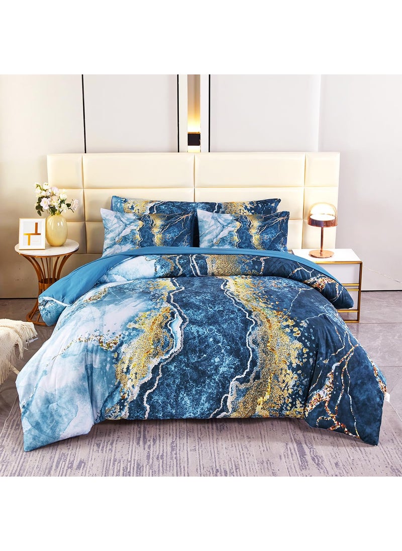PERFEMET PERFEMET 6 Piece Blue Comforter Set Full Bed in A Bag Set Aesthetic Capri Blue and Gold Marble Bedding Set with Sheets Soft Luxury Watercolor Burning Mountain Printed Bedroom Sets(Capri Blue  Full)  - Image 2