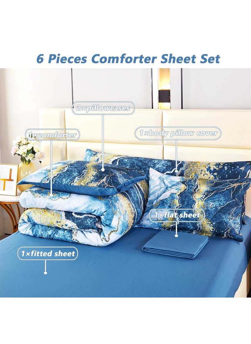 PERFEMET PERFEMET 6 Piece Blue Comforter Set Full Bed in A Bag Set Aesthetic Capri Blue and Gold Marble Bedding Set with Sheets Soft Luxury Watercolor Burning Mountain Printed Bedroom Sets(Capri Blue  Full)  - Image 3