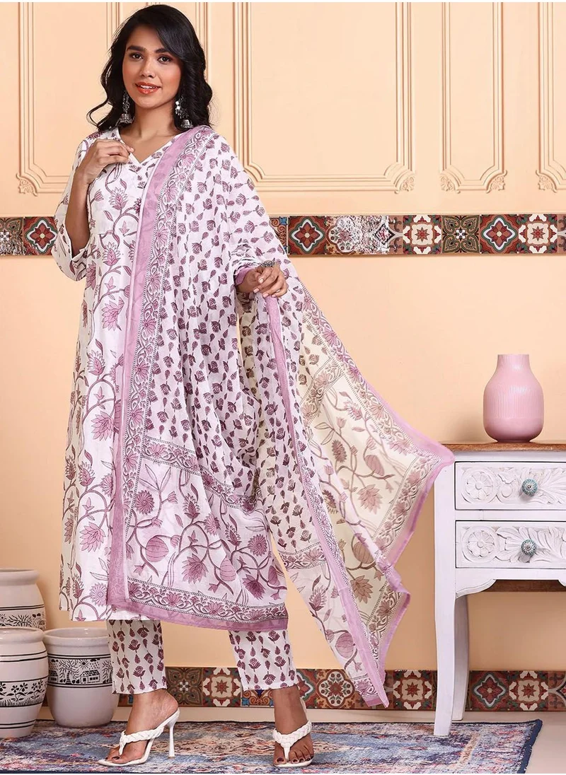 ISHIN Women Pink Cotton Kurta sets with Dupatta