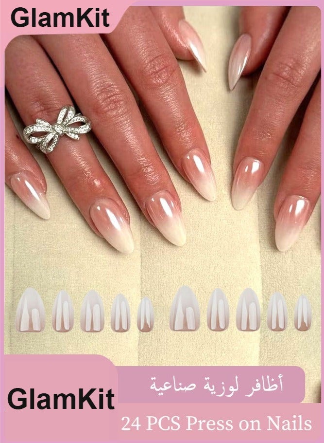 GlamKit 24 PCS French Press On Nails, High Quality Gradient Fake Nails, Almond Shaped Wearable Nails, Deluxe Coated Designs, Nails with Glue Kit - Image 1