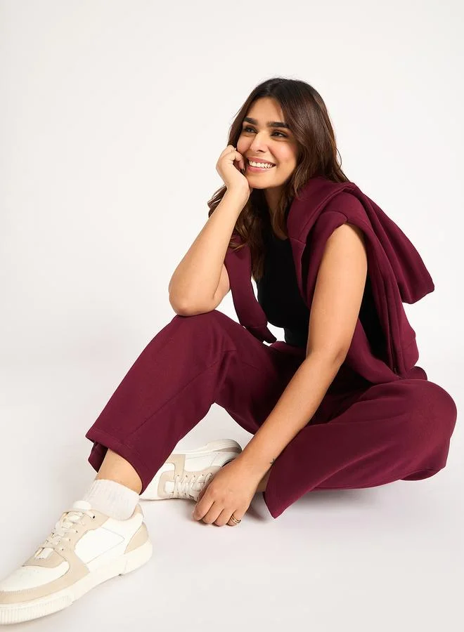 Femmella  Burgundy Straight Fit Fleece Trackpants for Women | Best Price UAE