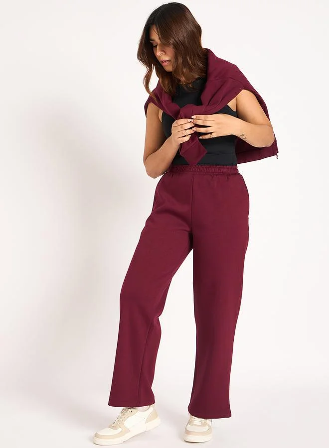 Femmella  Burgundy Straight Fit Fleece Trackpants for Women | Best Price UAE