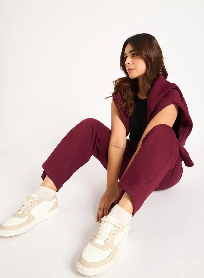 Femmella  Burgundy Straight Fit Fleece Trackpants for Women | Best Price UAE