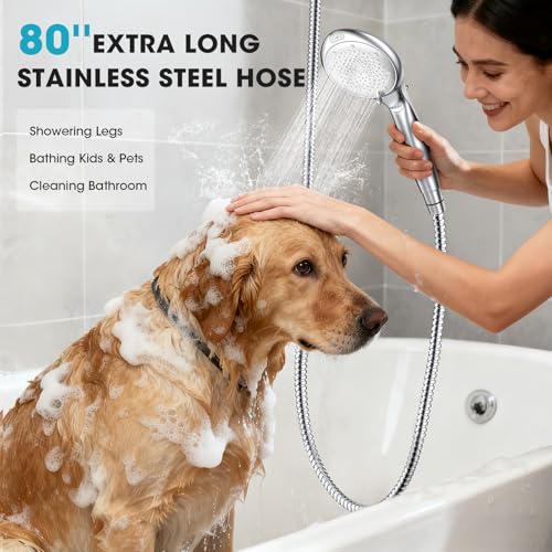 FASDUNT Shower Head with Handheld, High Pressure 8-Mode Filtered Shower Head with 80" Extra Long Stainless Steel Hose & Adjustable Bracket, Built-in Filter for Hard Water -Remove Chlorine, Chrome - Image 3