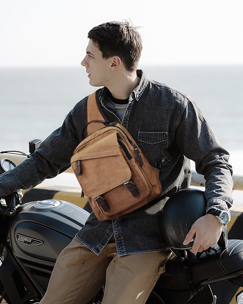 WEPLAN Messenger Bag for Men Small Sling Crossbody Backpack for Men Women Canvas Strap Backpack for Working Hiking Cycling Travel, Khaki - Image 2