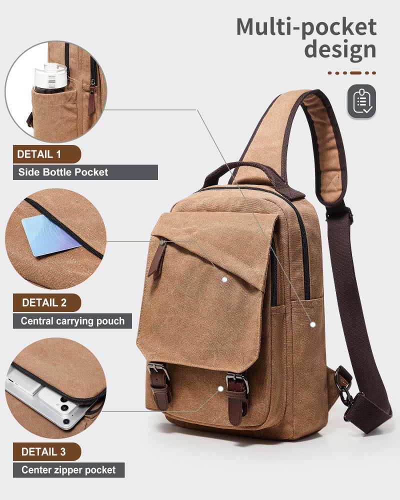 WEPLAN Messenger Bag for Men Small Sling Crossbody Backpack for Men Women Canvas Strap Backpack for Working Hiking Cycling Travel, Khaki - Image 3