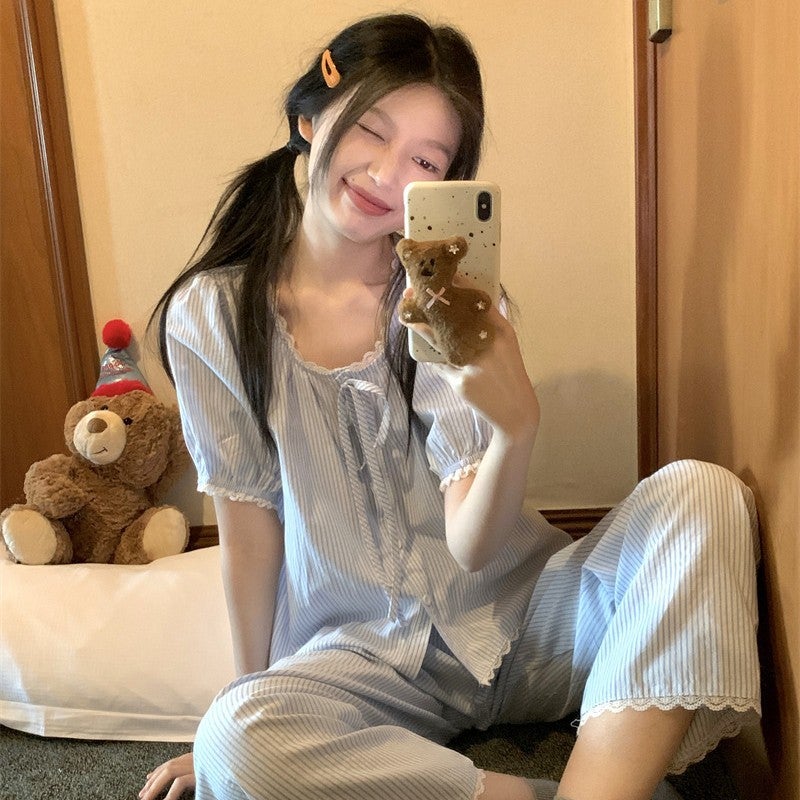 Women's Striped Lace Trim Sleepwear Set - Image 1