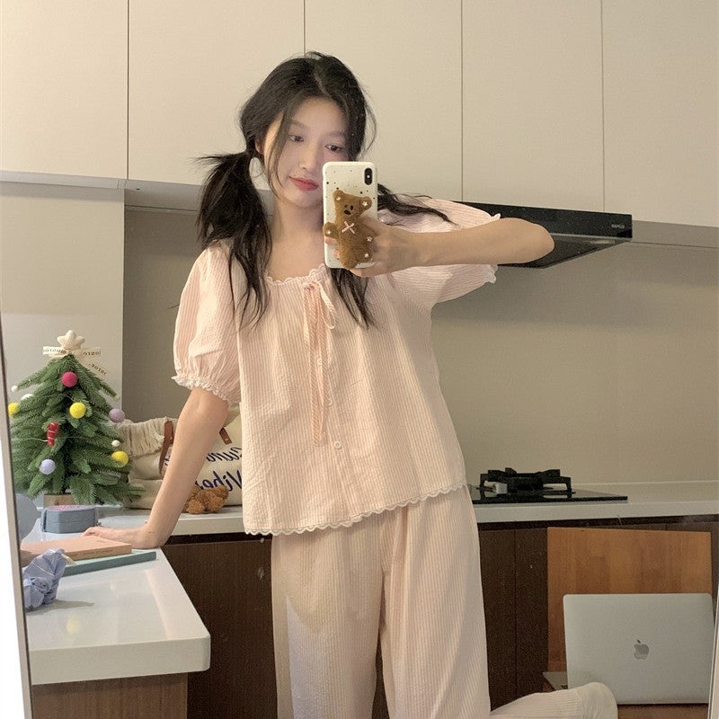 Women's Striped Lace Trim Sleepwear Set - Image 3