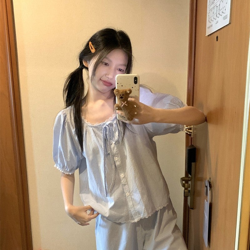 Women's Striped Lace Trim Sleepwear Set - Image 2