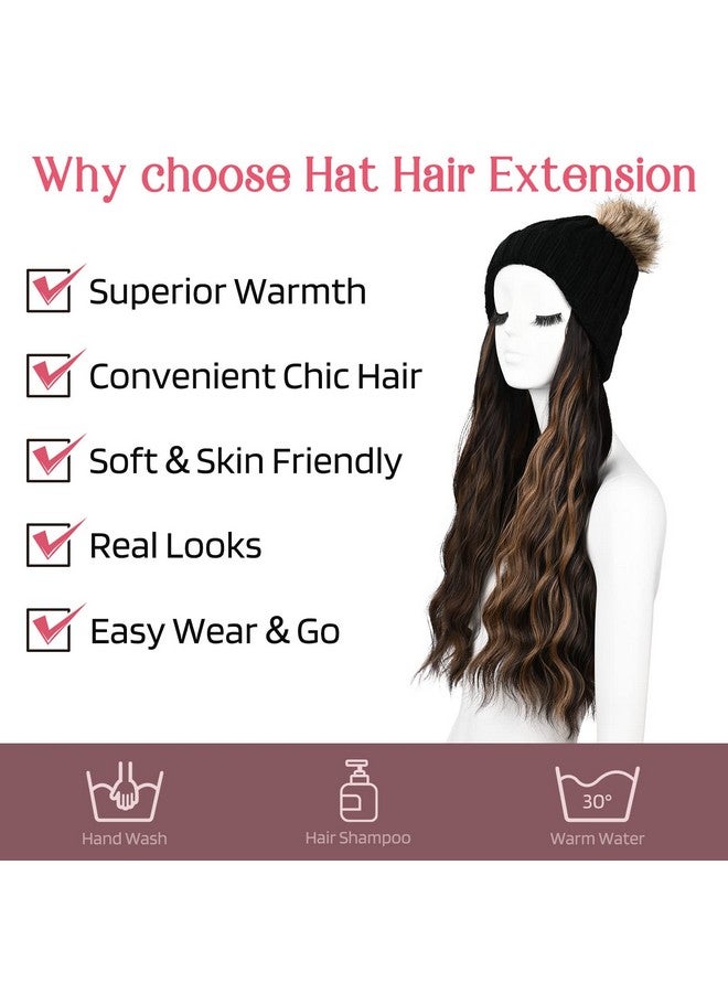 HOOJIH Knitted Beanie Wig Hat Hair Extension Long Wavy Curly Black Hat Wig With Faux Fur Pom Hat Attached 18 Inch Synthetic Hairpiece For Women Girls Winter Black Brown With Highlights - Image 4
