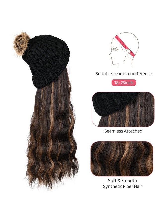 HOOJIH Knitted Beanie Wig Hat Hair Extension Long Wavy Curly Black Hat Wig With Faux Fur Pom Hat Attached 18 Inch Synthetic Hairpiece For Women Girls Winter Black Brown With Highlights - Image 3
