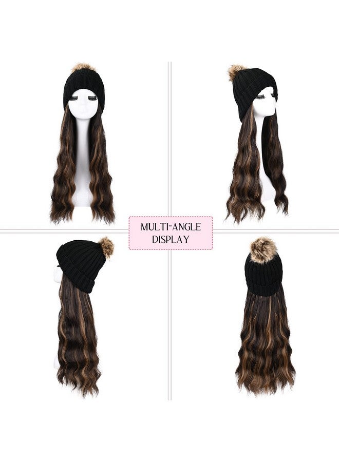 HOOJIH Knitted Beanie Wig Hat Hair Extension Long Wavy Curly Black Hat Wig With Faux Fur Pom Hat Attached 18 Inch Synthetic Hairpiece For Women Girls Winter Black Brown With Highlights - Image 2